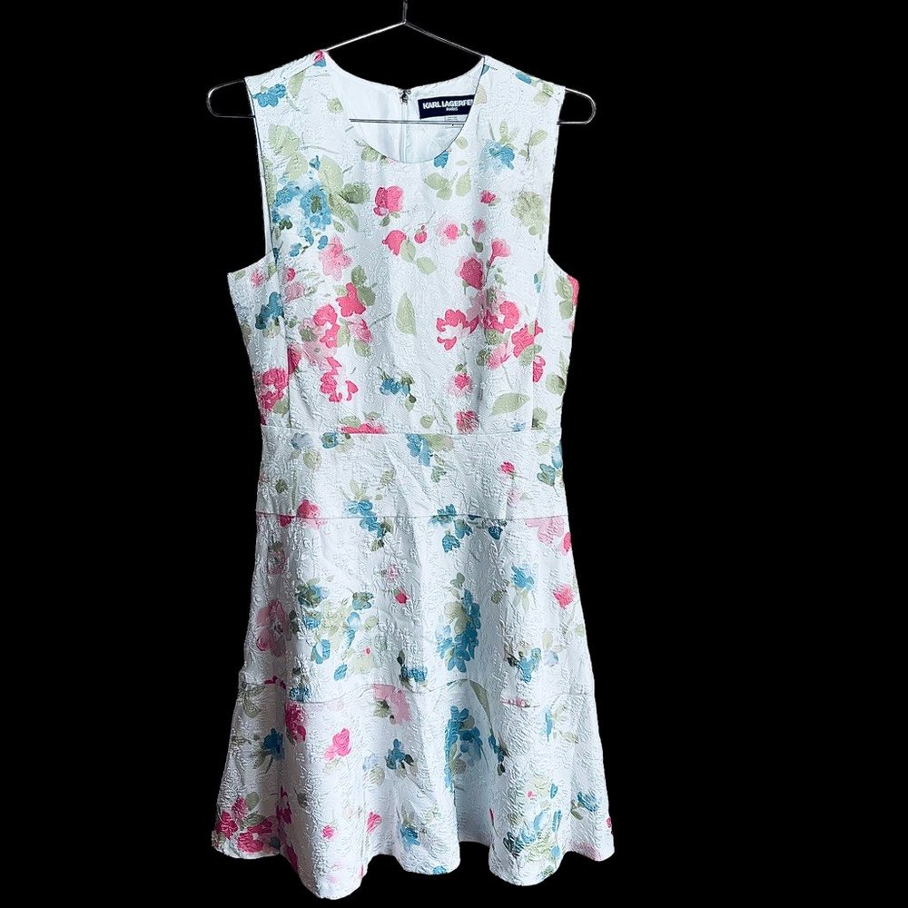 Karl Lagerfeld Womens Dress White Floral Stretch Jewel Neck Sleeveless 4